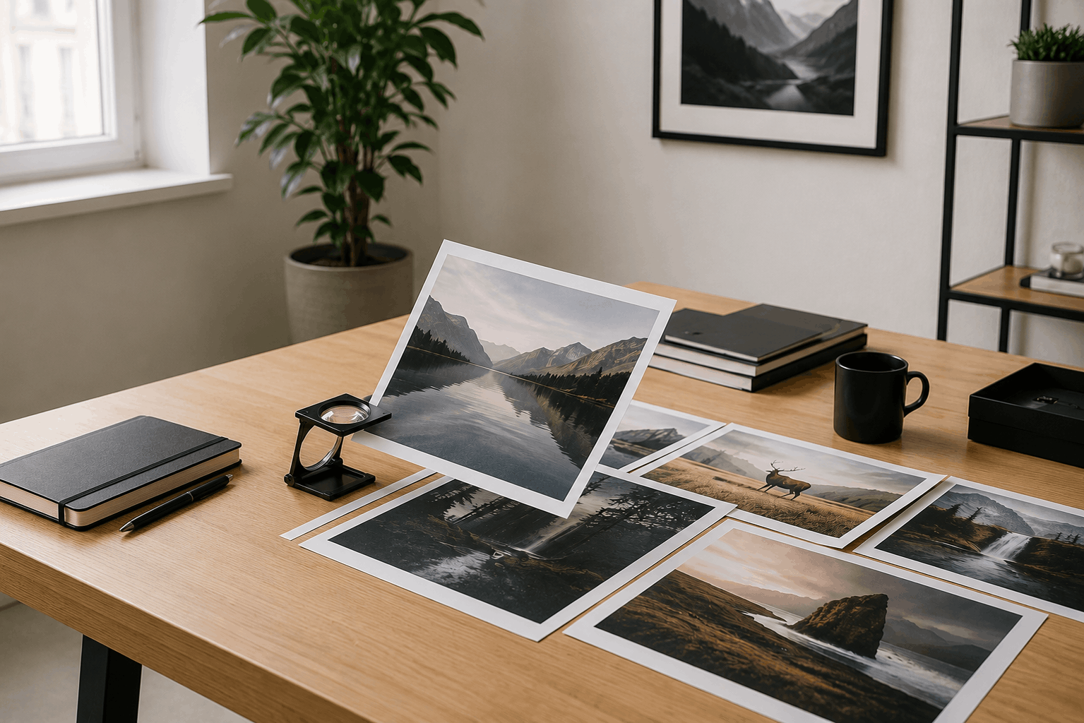 A contact sheet of photographs with a magnifier resting on one frame, beside a notebook reading "the photograph is the product"